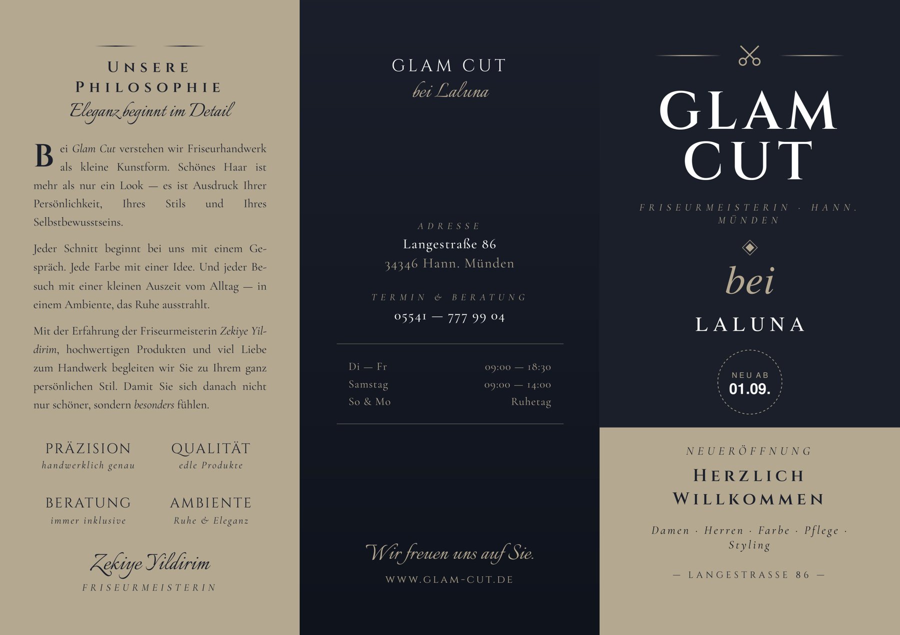 Flyer-Cover von Glam Cut bei Laluna in Marineblau und Gold, klassische Serifenschrift