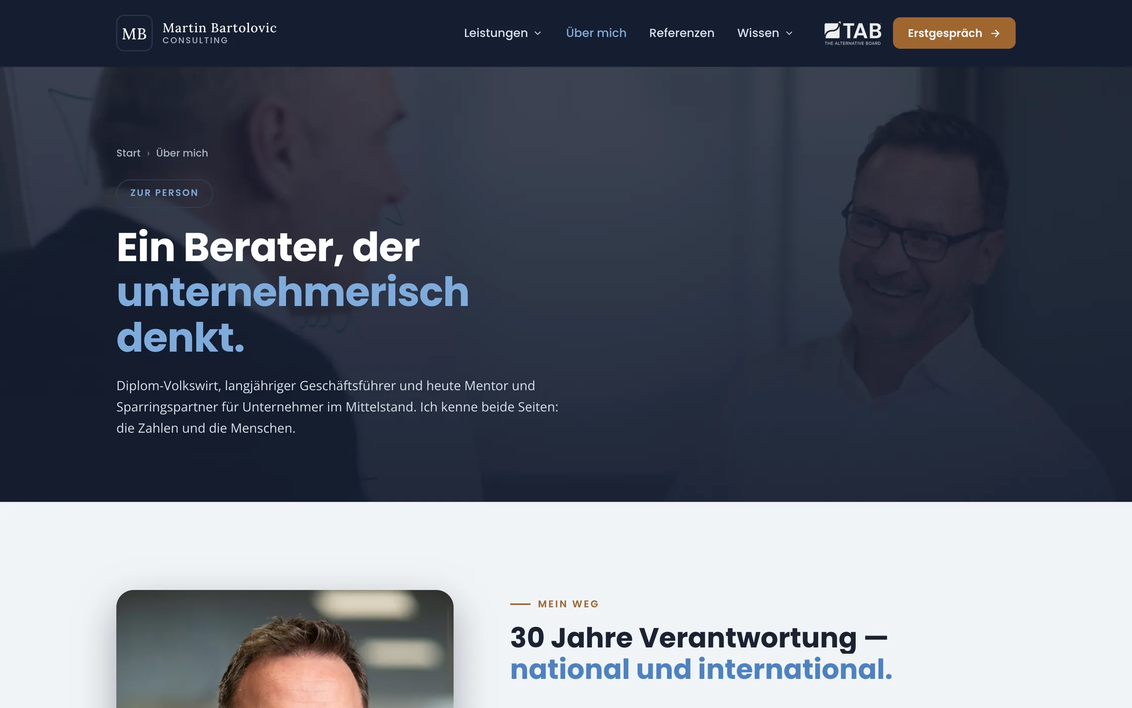 Über-mich-Seite der Bartolovic-Consulting-Website mit Porträt und Werdegang