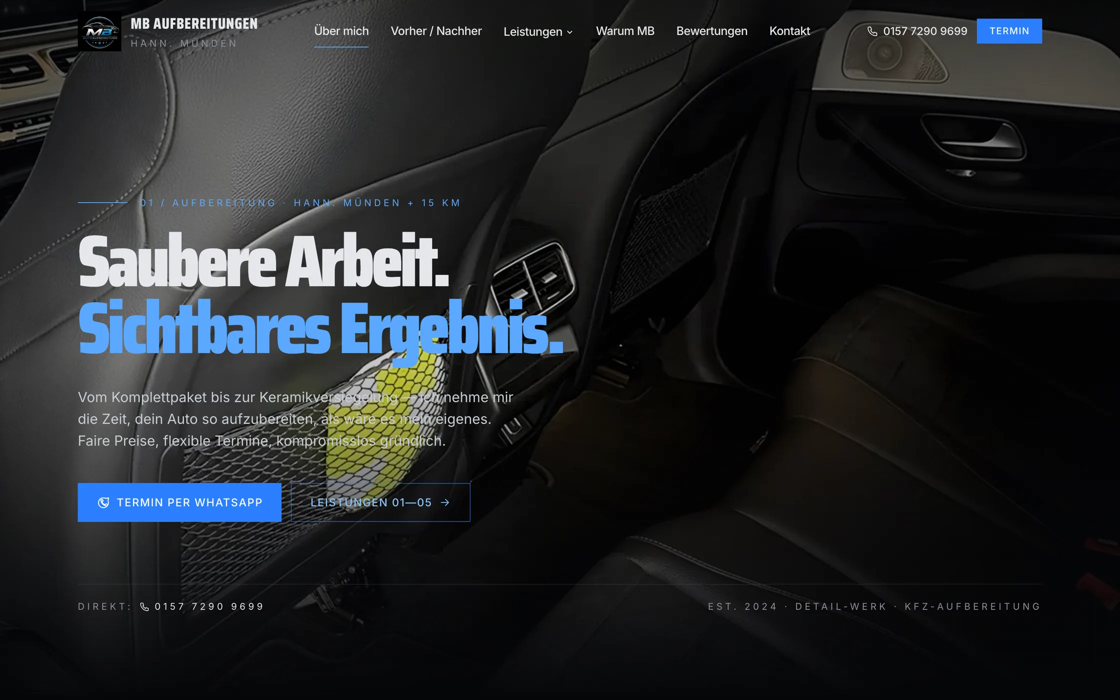 Startseite der Website von MB Aufbereitungen: dunkles, cinematisches Design mit Fahrzeug im Scheinwerferlicht