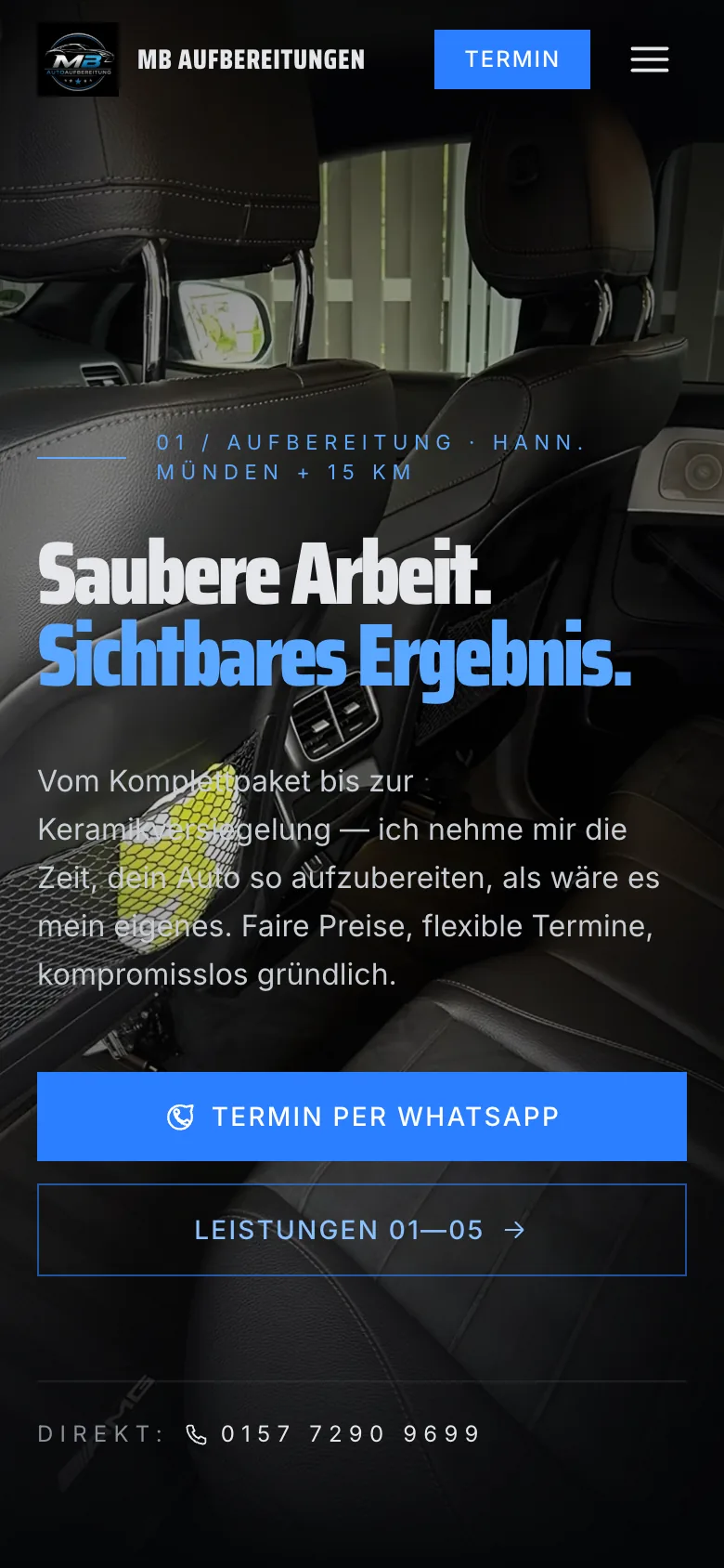 Mobile Ansicht der Website von MB Aufbereitungen