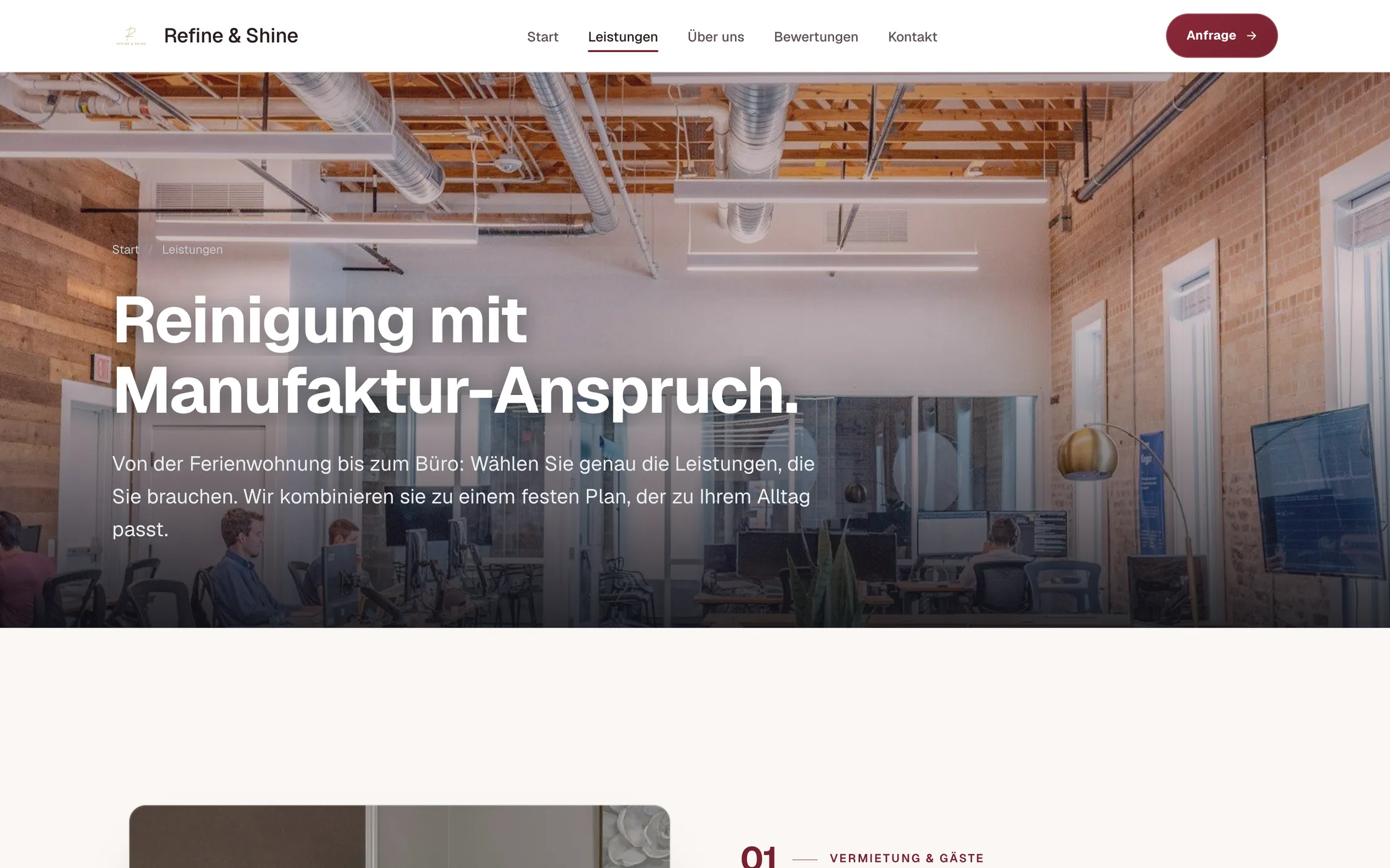 Leistungsseite der Refine-&-Shine-Website mit Übersicht der Reinigungsleistungen
