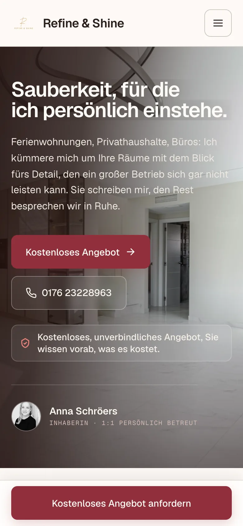 Mobile Ansicht der Refine-&-Shine-Website